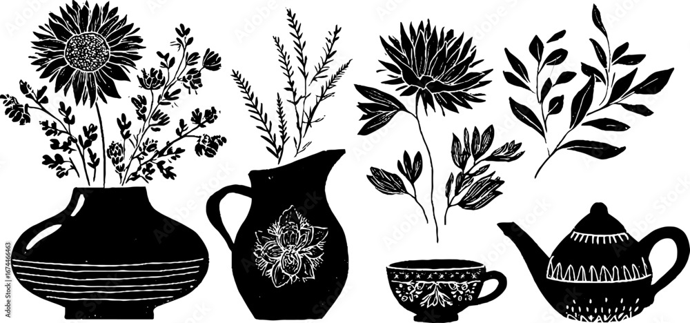 Poster linocut farming and nature collection with beehive and honeycomb elements for design