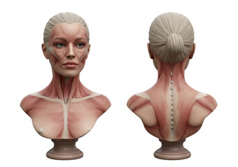 Isolated Anatomical Sculpture of Face and Neck Muscles, 3D Illustration, Realistic, Detailed