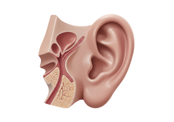 Isolated human head anatomy displaying ear, salivary glands and facial tissue sections