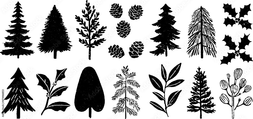 Poster linocut forest pattern with pine and fir trees for woodland design