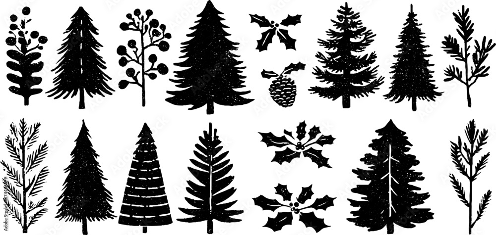Poster linocut forest seamless pattern with rustic pine and fir trees for woodland design