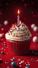 Celebration cupcake with a lit candle surrounded by colorful sprinkles on a festive red background
