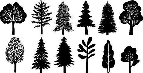Linocut woodland trees collection with oak birch pine fir and maple for nature-inspired designs