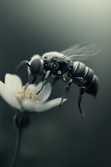 Robotic Bee Pollinating White Flower – Futuristic Macro
