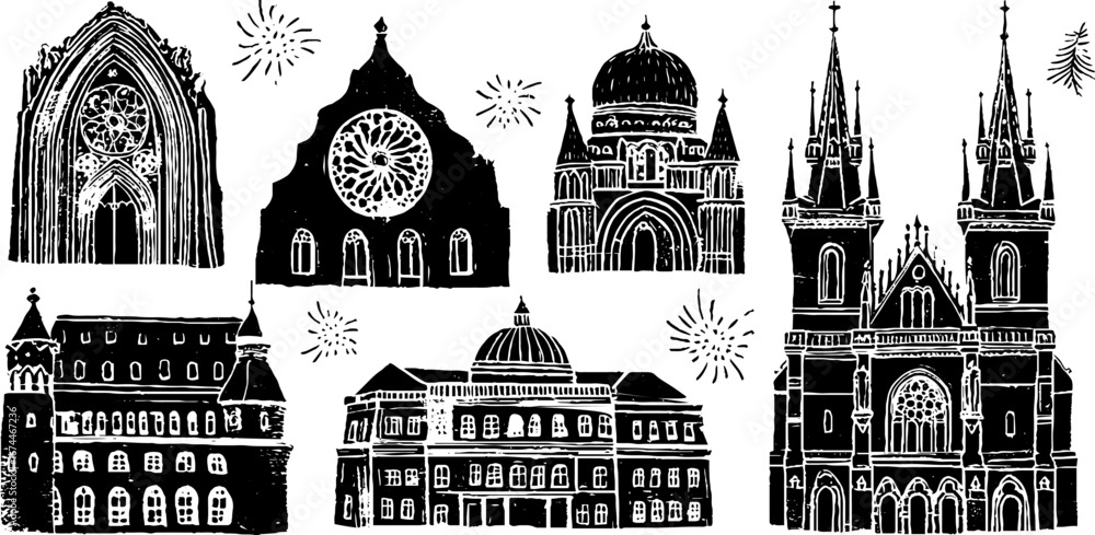 Poster gothic architectural linocut collection featuring pointed arches and rose windows for design use