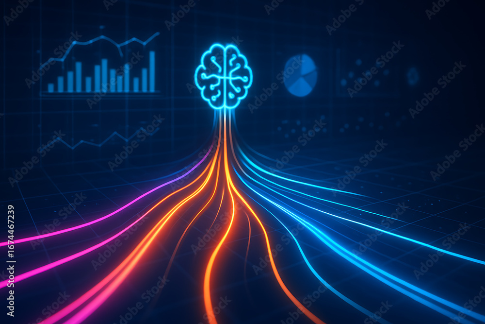 Poster futuristic glowing brain and colorful data flow visualization of artificial intelligence and machine