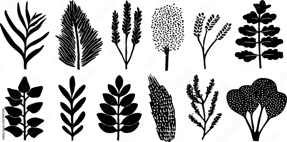 Poster rustic grains and cereals set in linocut style for print and design