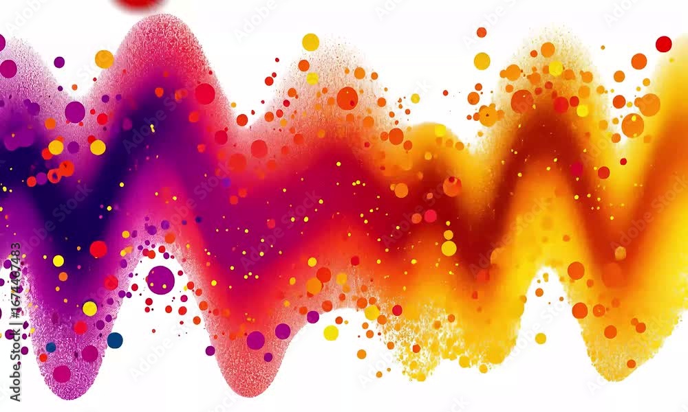 Poster vibrant abstract wavy pattern with colorful particles and dynamic motion.