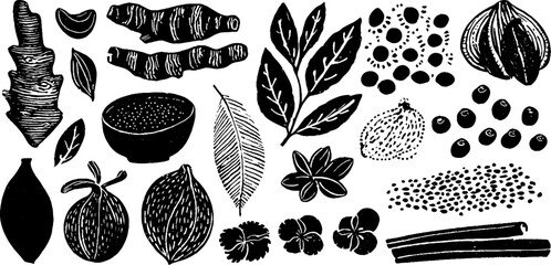 Linocut indian spices collection featuring turmeric and cardamom for kitchen decor