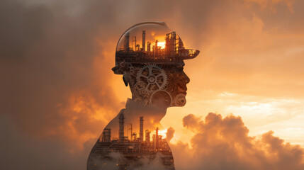 Image features double exposure of worker silhouette combined with industrial landscape, showcasing factories and gears against dramatic sunset. This artistic representation symbolizes connection