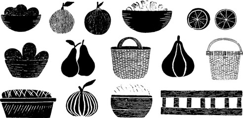Seamless linocut market pattern featuring rustic fruits and vegetables for fabric and wallpaper designs