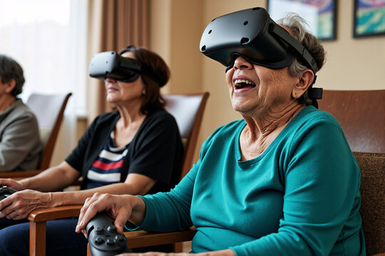 Two excited senior women friends laugh while trying virtual reality headsets for the first time, exploring modern technology and new forms of entertainment together