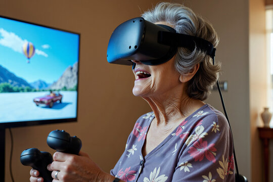 excited senior woman plays a virtual reality racing game with controllers in her living room, staying active and mentally sharp with modern gaming technology