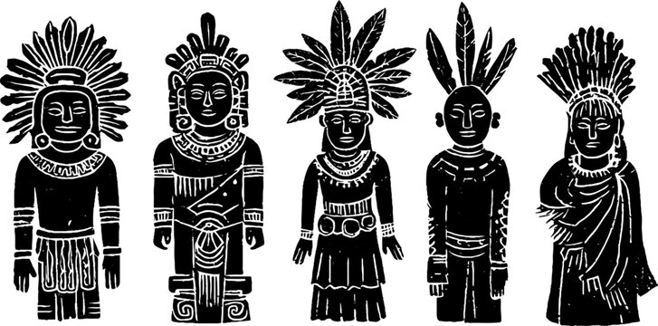 Ancient mayan gods linocut set featuring kukulkan, chaac, ixchel silhouettes