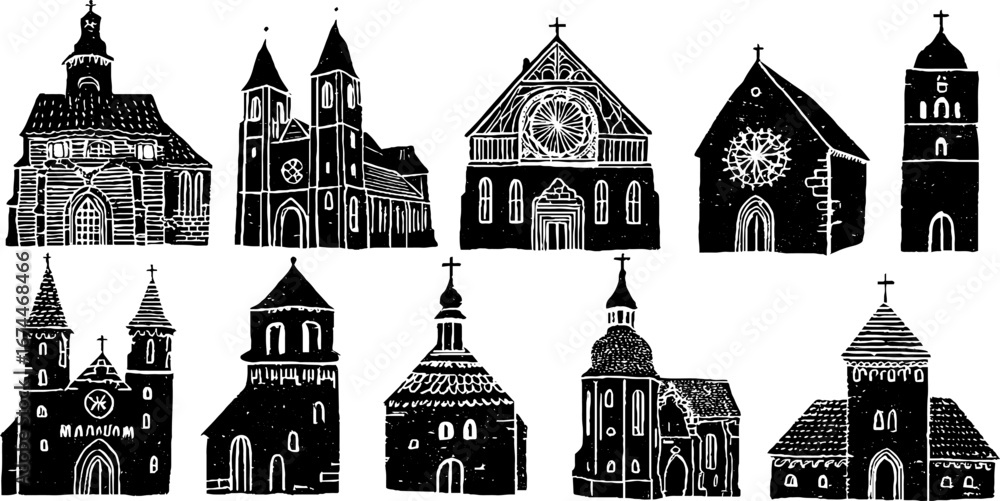 Poster medieval cathedral façade collection in linocut style for design projects
