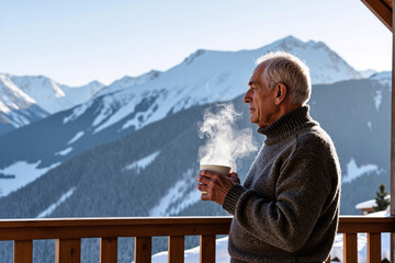 Senior man enjoys a peaceful morning, standing on a balcony with a steaming mug of coffee or tea while looking at a majestic, snow-covered mountain landscape in winter