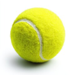 A bright yellow tennis ball, against a pure white background, sits slightly askew.  The white stitching/trim is clearly visible
