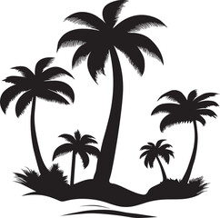 Silhouettes of tropical palm trees on an island