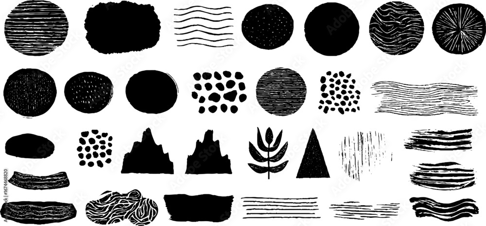 Poster minimalist abstract linocut collection with geometric shapes and textures for design and decoration