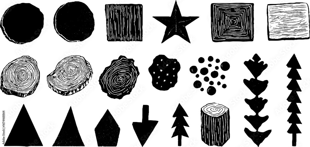 Poster minimalist linocut shape collection featuring geometric forms for artistic design