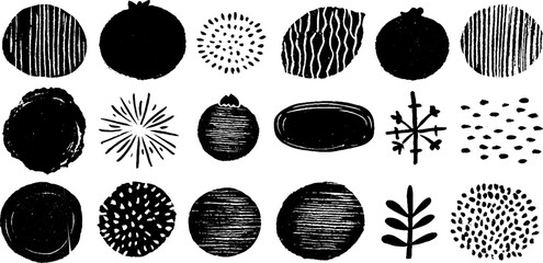 Minimal abstract linocut icons set with lines and dots for creative design