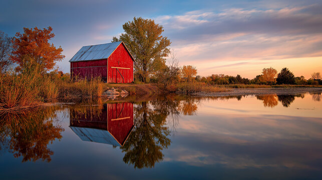 A red barn reflected in a calm autumn lake at sunset, symbolizing peace, nature&rsquo;s beauty, and rustic countryside charm.