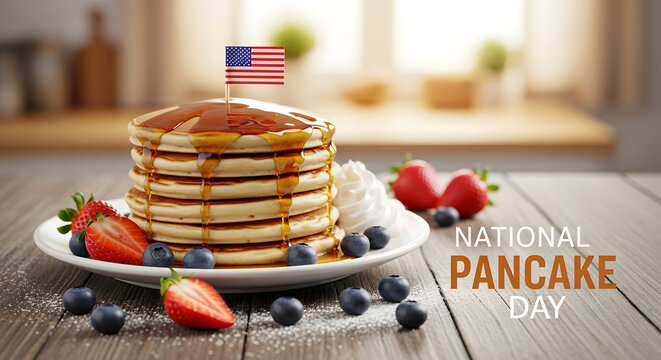 A delicious stack of pancakes with syrup, berries, and an American flag celebrating National Pancake Day.