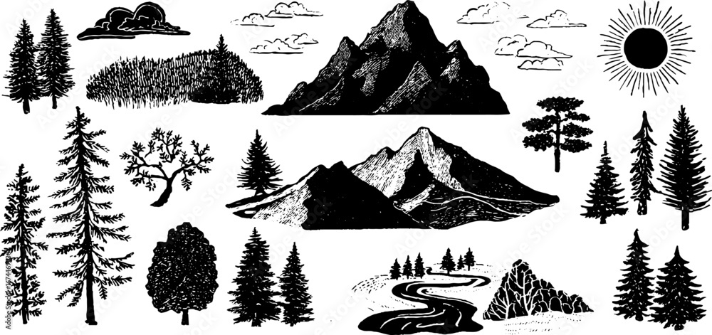 Aufkleber linocut mountain seamless pattern with peaks and ridges for scandinavian and boho design projects