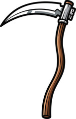 Illustration of a cartoon scythe with a silver blade and a wooden handle tool