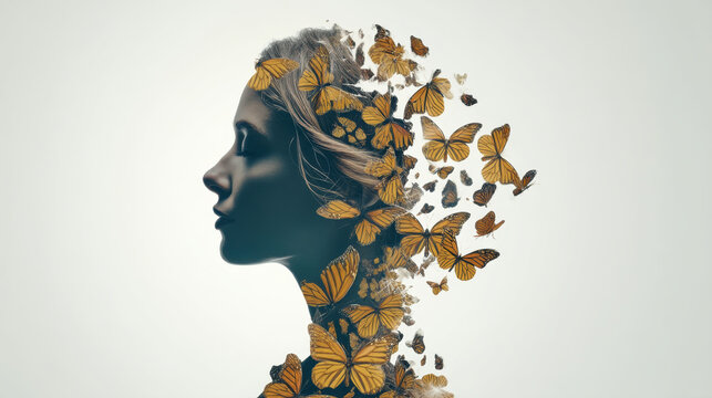 Creative portrait of woman with silhouette filled with vibrant butterflies, symbolizing transformation and beauty. image evokes sense of freedom and connection to nature