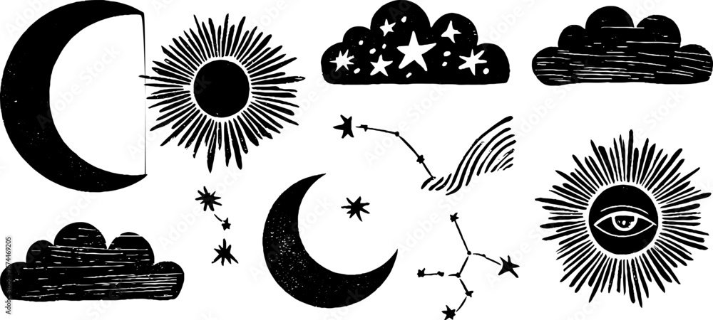Poster mystical linocut patterns set with crescent moon, stars, and celestial elements for design
