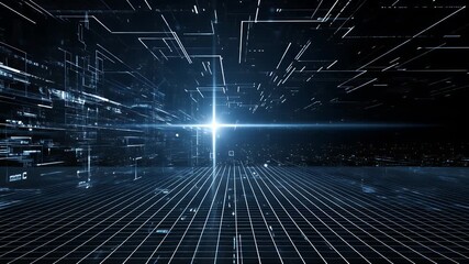 Abstract Digital Network Visualization with Blue Light and Geometric Grid Pattern - Powered by Adobe