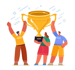 Team holding winning trophy cup. Success recognition, reward for teamwork. Award ceremony