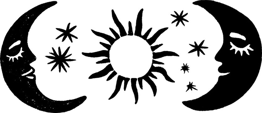 Mystical celestial pattern with moons, suns, and stars for boho design