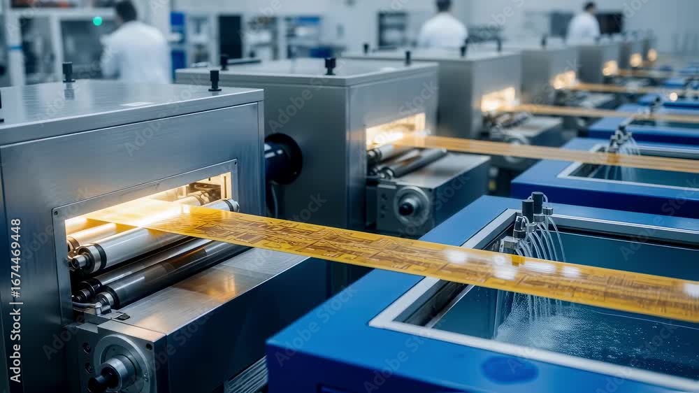 Aufkleber flexible printed circuit board moving through drying and developing stages integrated in continuous 