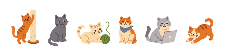 Vector illustration of happy cartoon kittens collection. Cute set of cats in various poses with joyful expressions. Flat style clipart for kids, crafts, and creative projects.