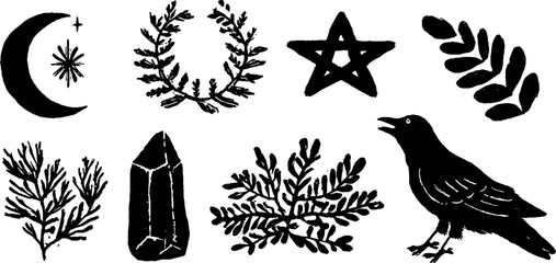 Fototapeta premium Mystical linocut set with occult symbols and crescent moon for boho designs