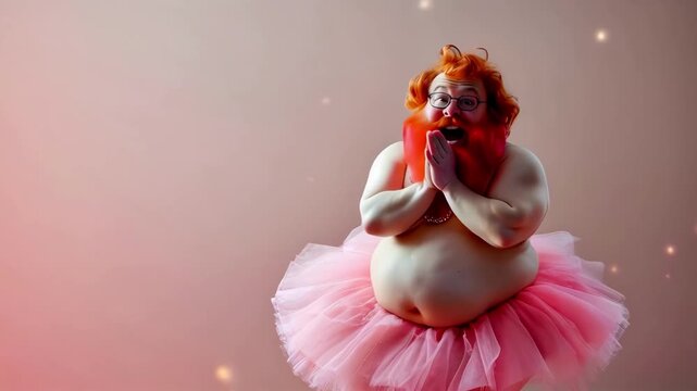 fat man in ballet skirt showing dance moves, funny dancer