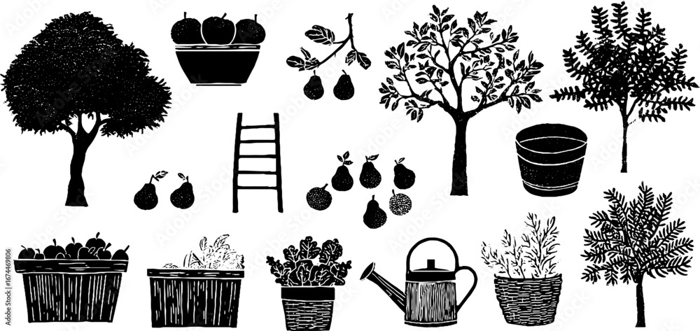 Poster rustic orchard design featuring seamless linocut patterns with apple and pear trees for home decor a