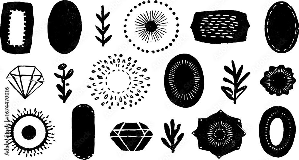 Poster protective icon set with circles, spirals, and dots in linocut style for design projects