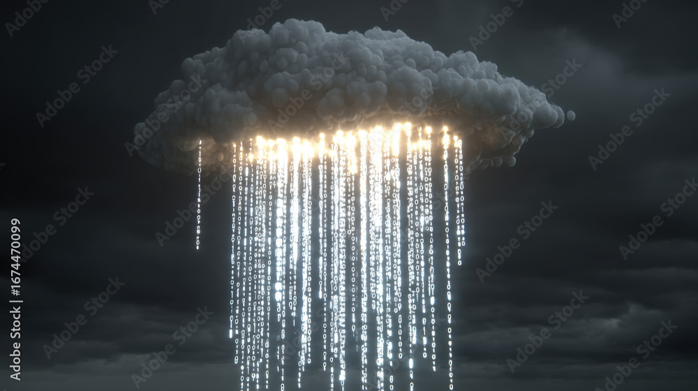 Poster digital cloud with cascading binary code symbolizes fusion of technology and nature, creating striki