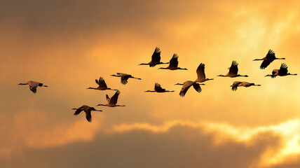 Obraz premium Flock of cranes flying against a sunset sky with golden clouds 