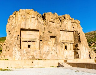 Ancient rock-cut tombs carved into a sandstone mountain