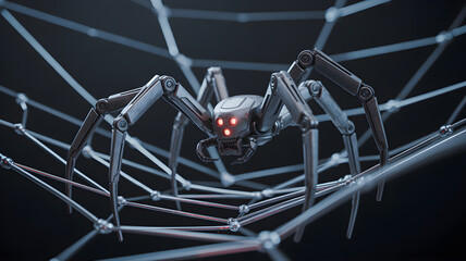 Obraz premium Futuristic robot spider crawling on metal web