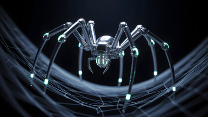 Metallic spider crawling on web, futuristic biomechanical concept