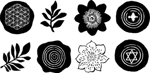 Sacred geometry and floral linocut set for bohemian and scandinavian design
