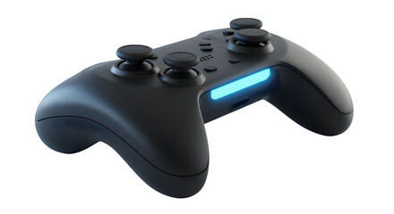 Dark, smooth controller gleams with blue light. Modern digital render is ideal for product marketing, gaming ads, and technology concepts.