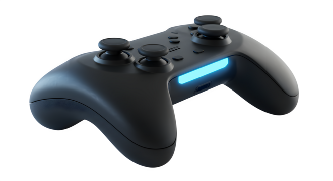 Dark, smooth controller gleams with blue light. Modern digital render is ideal for product marketing, gaming ads, and technology concepts.