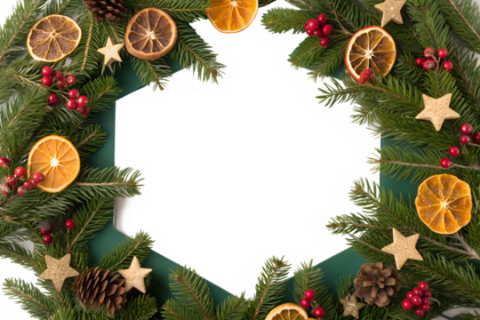 Festive Christmas holiday wreath with natural decorations like dried orange slices, red berries, and stars creating a hexagonal frame on a white background