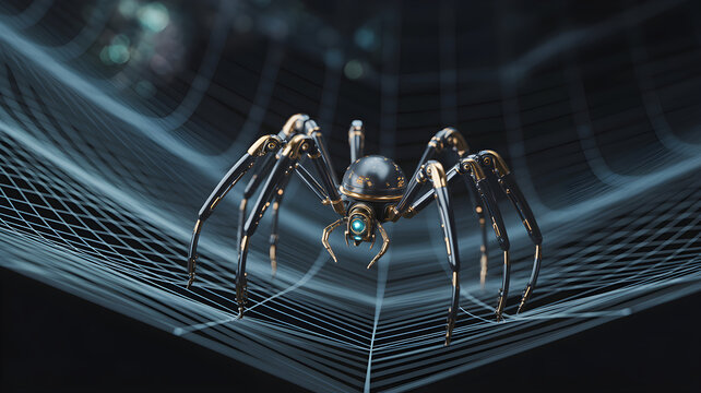 Futuristic robot spider crawling on a digital web